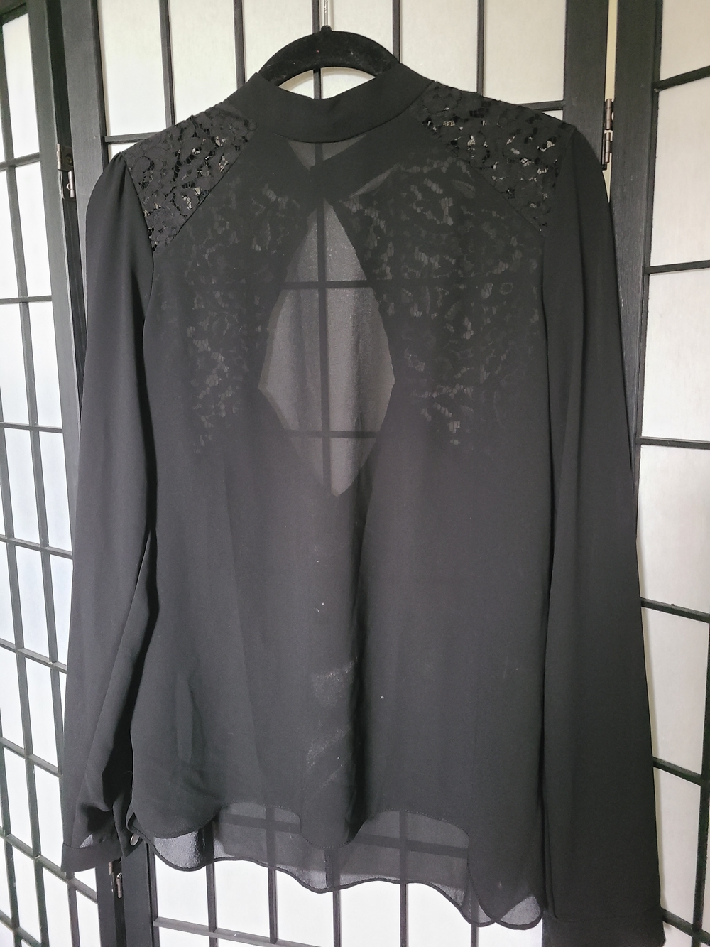 Black Lace-Accent Long Sleeve Blouse - Women